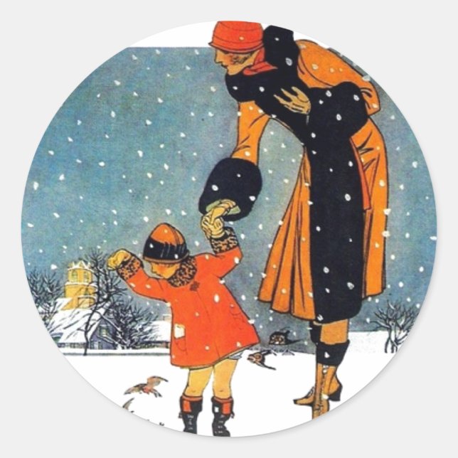 Feeding Birds in the Snow Classic Round Sticker (Front)