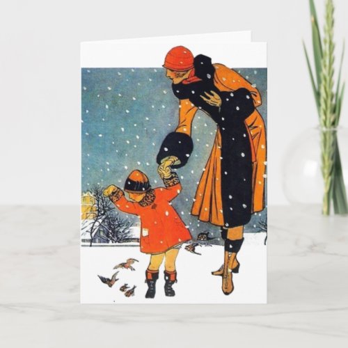 Feeding Birds in the Snow Holiday Card