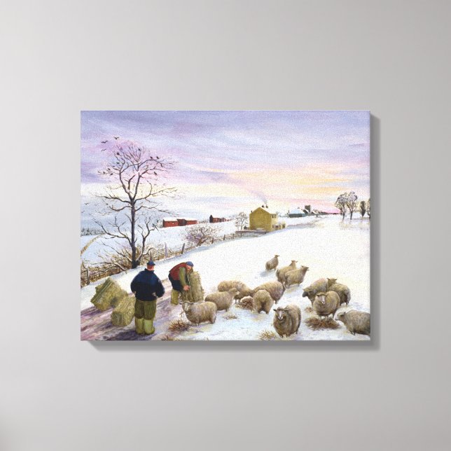Feeding sheep in winter canvas print (Front)