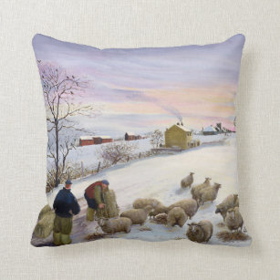 Feeding sheep in winter throw pillow