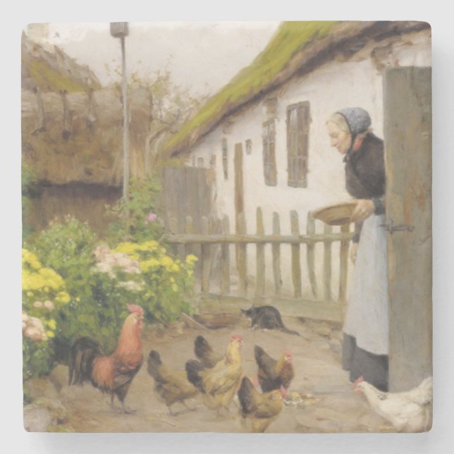 Feeding the Hens (by H.A. Brendekilde) Stone Coaster (Front)