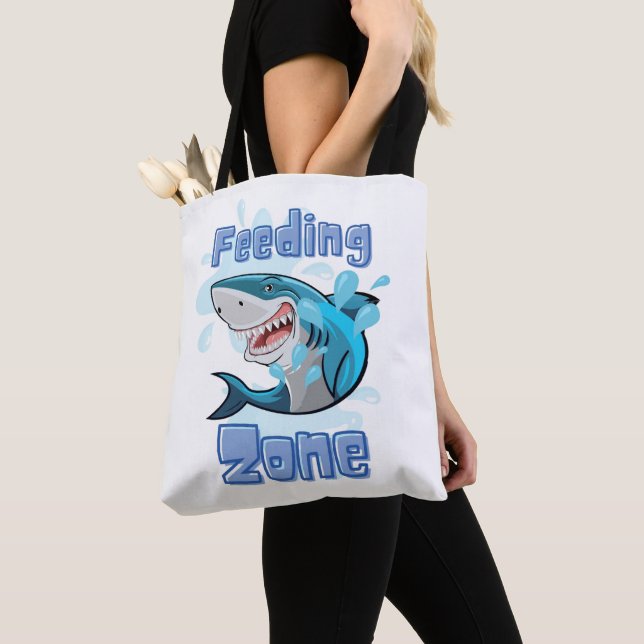 FEEDING ZONE SHARK , CARTOON STYLE TOTE BAG (Close Up)
