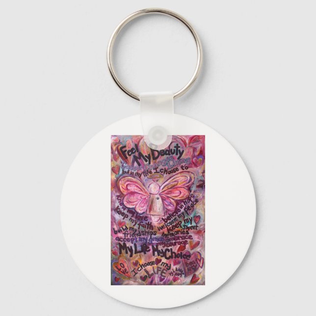 Feel My Beauty Pink Cancer Angel Keychain (Front)