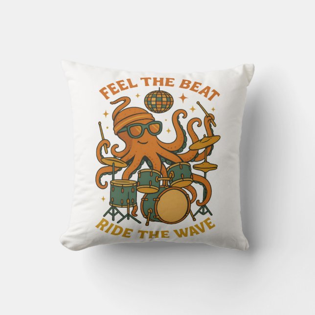 Feel the Beat Octopus Drummer Retro 70s Disco tee Throw Pillow (Front)