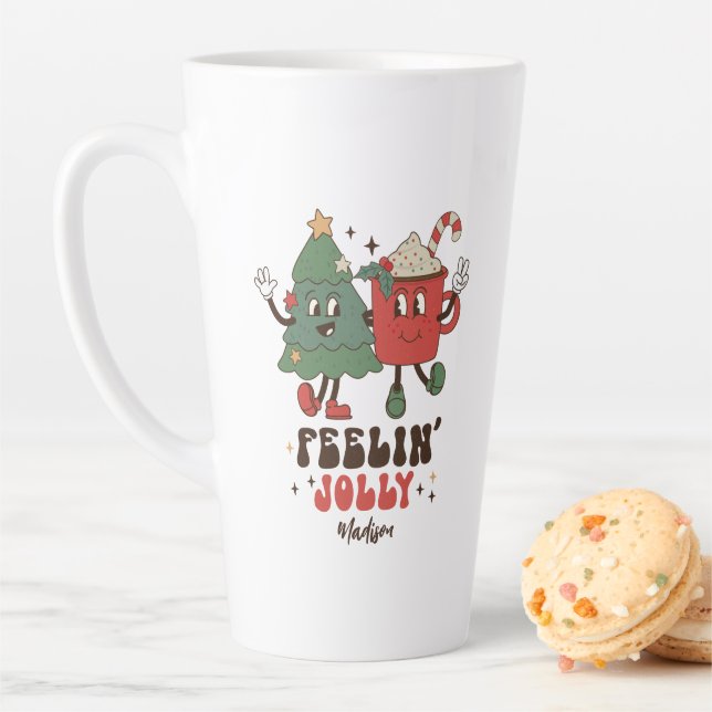 Feelin' Jolly Christmas Holidays Funny Retro Name Latte Mug (In Situ)
