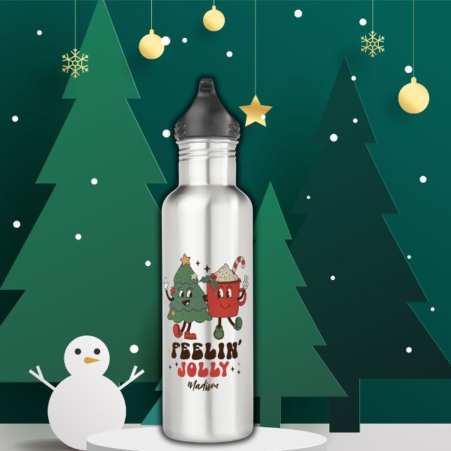 Feelin' Jolly Christmas Holidays Funny Retro Name Stainless Steel Water Bottle (Creator Uploaded)