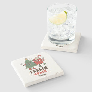 Feelin' Jolly Christmas Holidays Funny Retro Name Stone Coaster