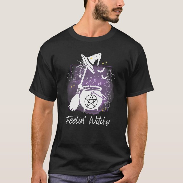 Feelin witchy graphic witchcraft cauldron broom sp T-Shirt (Front)