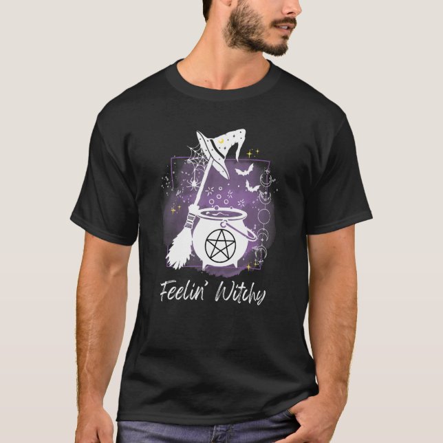 Feelin witchy graphic witchcraft cauldron broom sp T-Shirt (Front)