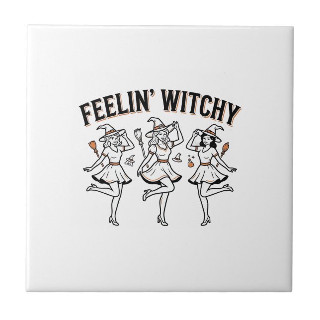 Feelin Witchy Retro Halloween Witches Ceramic Tile (Front)