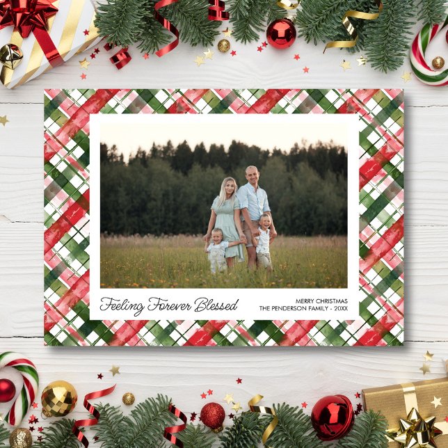 Feeling Blessed, Fun Plaid Christmas Photo Custom Holiday Postcard (Creator Uploaded)