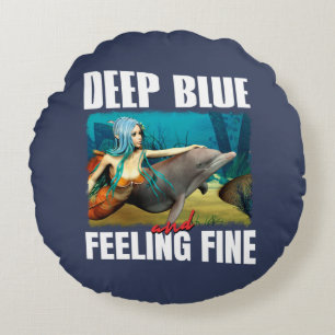 Feeling Blue Ocean Mermaid Dolphin Art Round Pillow
