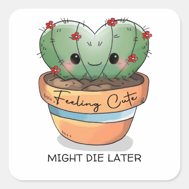 Feeling cute cactus succulent red flower customize square sticker (Front)
