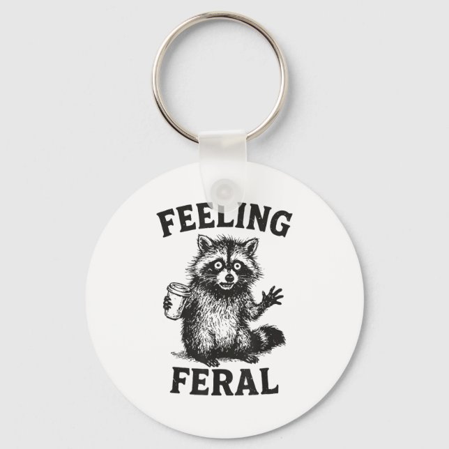 Feeling Feral Raccoon Drink Coffee Funny Trash Pan Keychain (Front)
