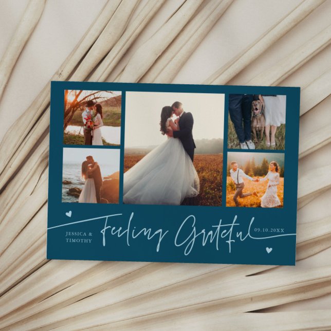 Feeling Grateful Teal Wedding Multi Photo Thank You Card (Creator Uploaded)