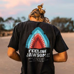 Feeling Jawsome Shark Funny Summer Puns Black T-Shirt<br><div class="desc">Get this FEELING JAWSOME FUNNY SHARK SURFBOARD SUMMER BEACH VACATION graphic print,  it is a perfect addition to your summer wardrobe and it is for surfers,  water sports lovers or beach lovers who love to go to the beach and ride waves with a surfboard.</div>