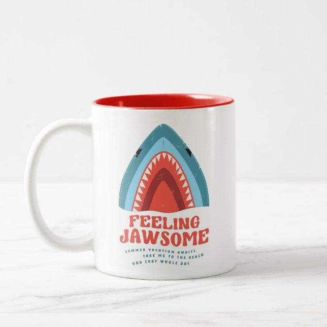 Feeling Jawsome Shark Funny Summer Puns Two-Tone Coffee Mug (Left)