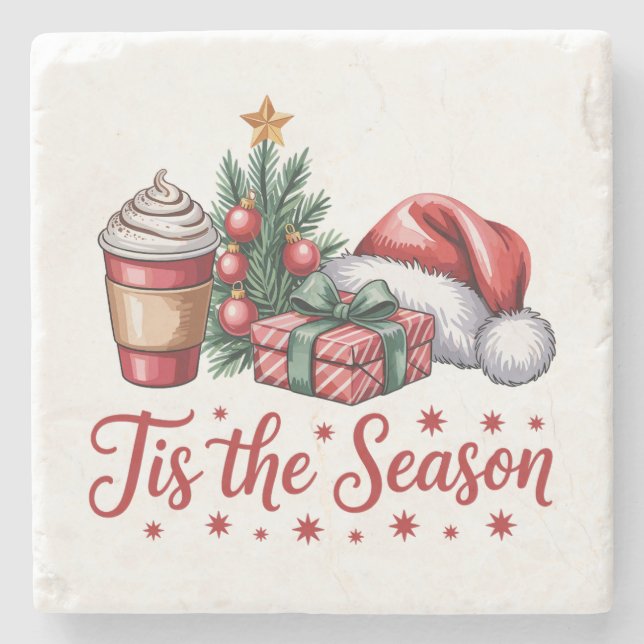 Feeling Jolly Christmas Tree Hot Cocoa Holiday Stone Coaster (Front)