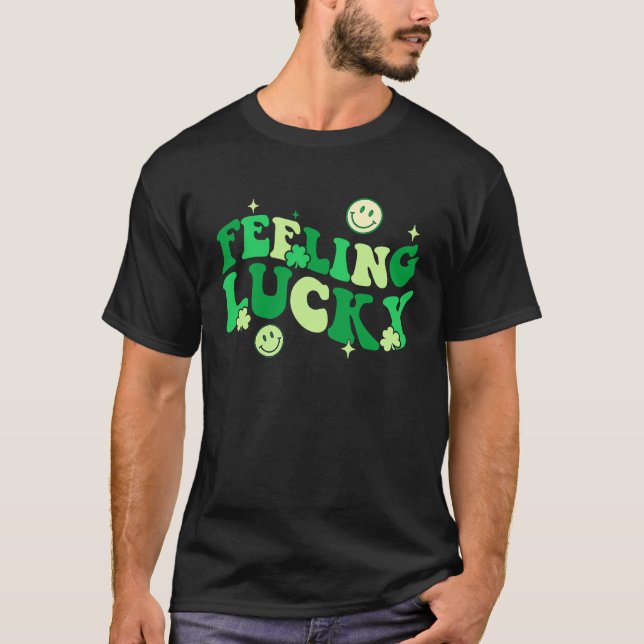 Feeling Lucky Shamrock Groovy St Patrick's Day Ire T-Shirt (Front)