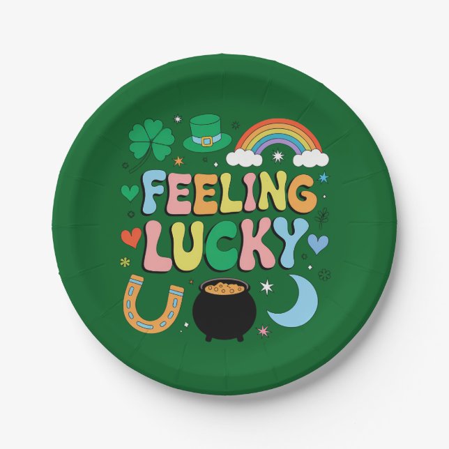 Feeling Lucky St Patricks Day Charm Irish Shamrock Paper Plates (Front)