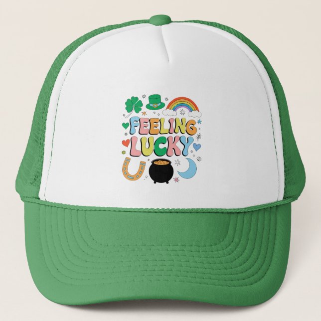 Feeling Lucky St Patricks Day Charm Irish Shamrock Trucker Hat (Front)