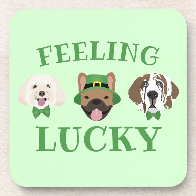 Feeling Lucky St Patricks Day Dog Faces Beverage Coaster (Front)