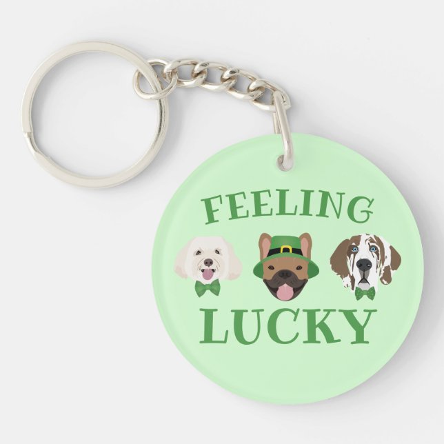 Feeling Lucky St Patricks Day Dog Faces Keychain (Front)
