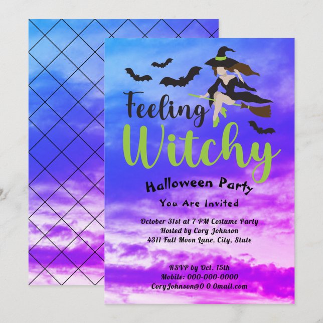 Feeling Witchy Bats Witch Sky Halloween Party Invitation (Front/Back)