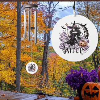 Feeling Witchy Purple Halloween Witch, Bats, Moon Wind Chime