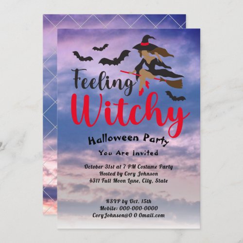 Feeling Witchy Red Bats Witch Sky Halloween Party Invitation