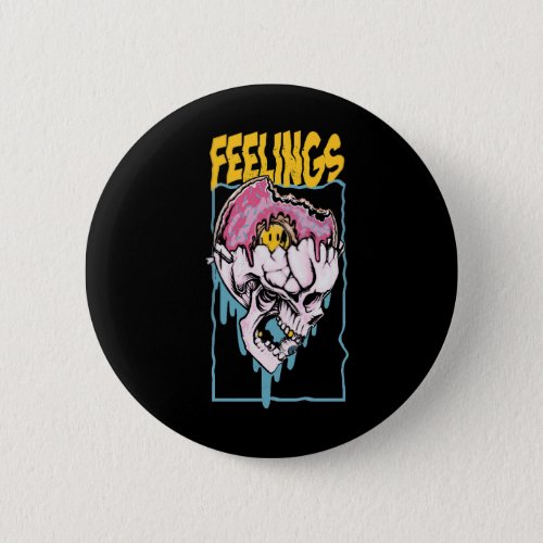 Feelings in a skull with a doughnut button
