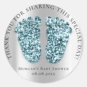 Feet Baby Shower Favor Thank Glitter Blue Gray Classic Round Sticker