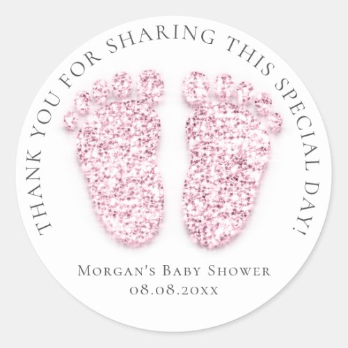 Feet Baby Shower Favor Thank Glitter Pink Gray Classic Round Sticker