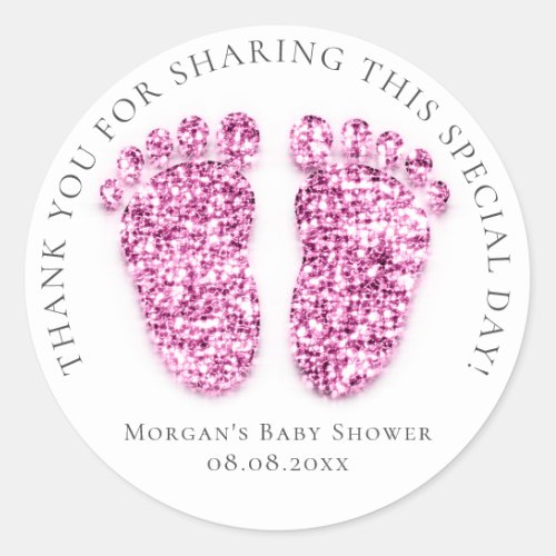 Feet Baby Shower Favor Thank Glitter Pink White Classic Round Sticker