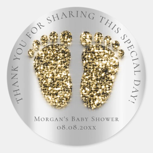 Feet Baby Shower Favor Thank Glitter Silver Gold Classic Round Sticker