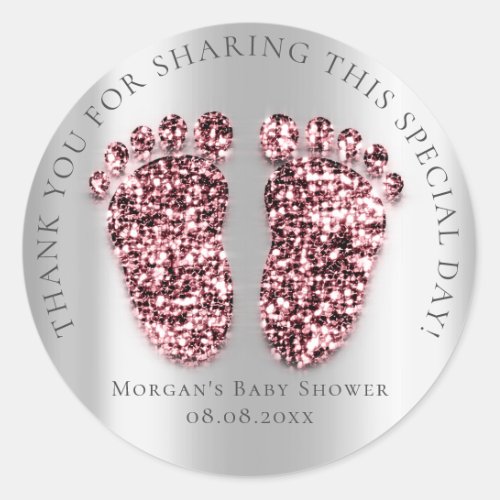 Feet Baby Shower Favor Thank Glitter Silver Pink Classic Round Sticker