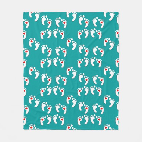 Feet Pattern With Red Heart  Fleece Blanket