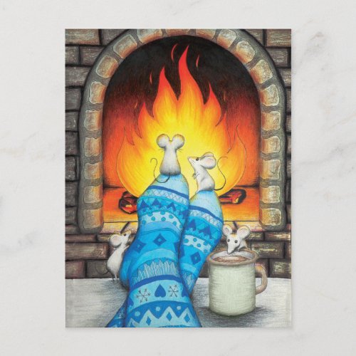 Feet Up Fireplace Mice on Socks Postcard