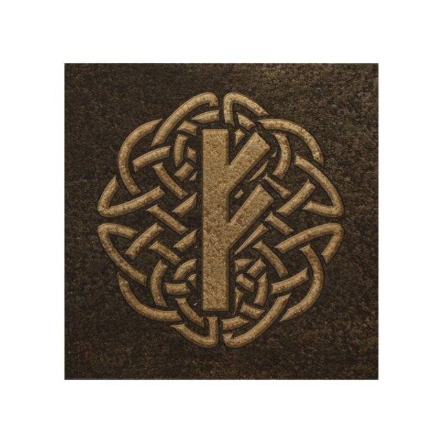 Fehu Rune Ancient Metal Embossed Amulet Wood Wall Art (Front)