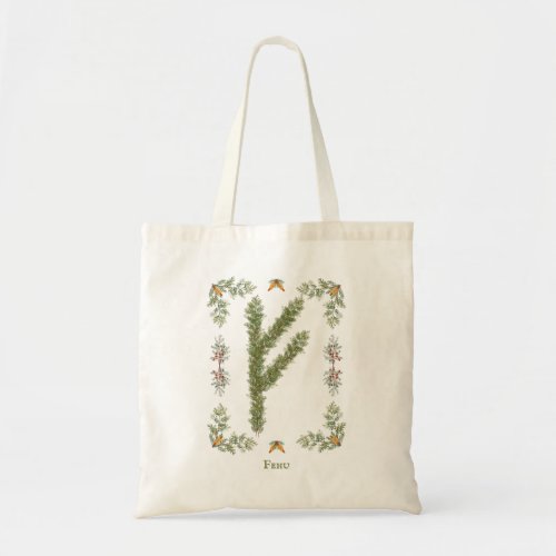 Fehu Rune in Evergreen Branches Personalized Tote Bag