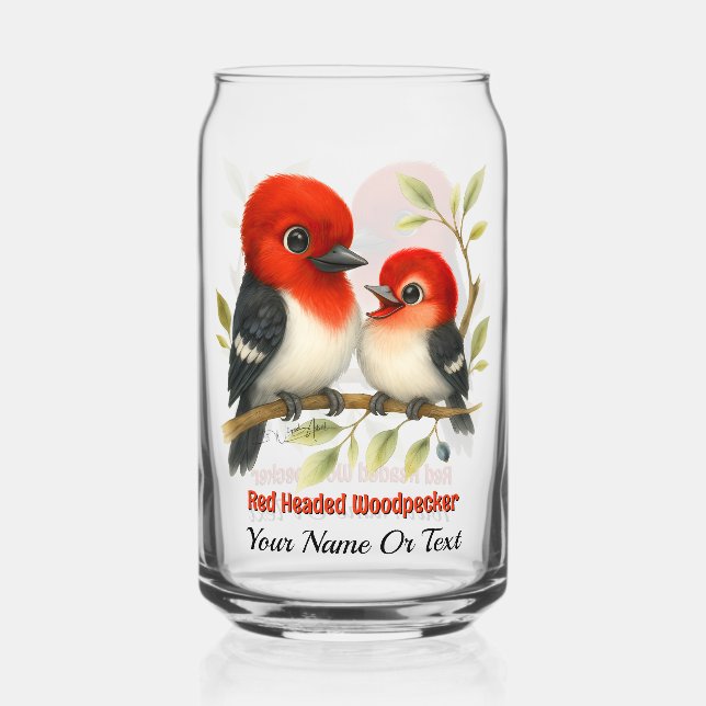 Feisty Red-headed Woodpecker Can Glass (Front)