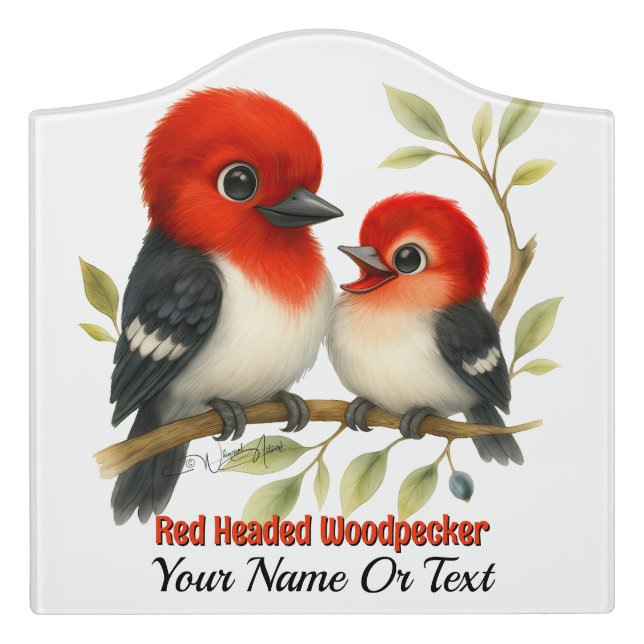 Feisty Red-headed Woodpecker Door Sign (Large Crest Front)