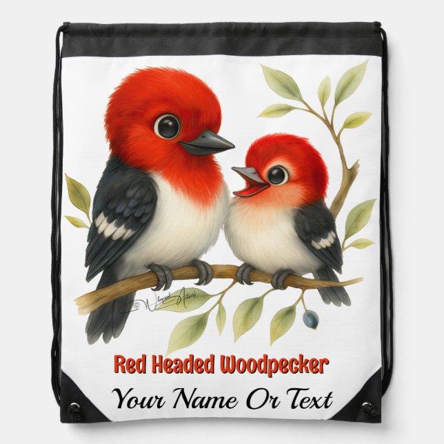 Feisty Red-headed Woodpecker Drawstring Bag (Front)