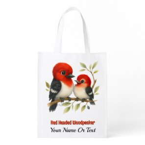 Feisty Red-headed Woodpecker Grocery Bag