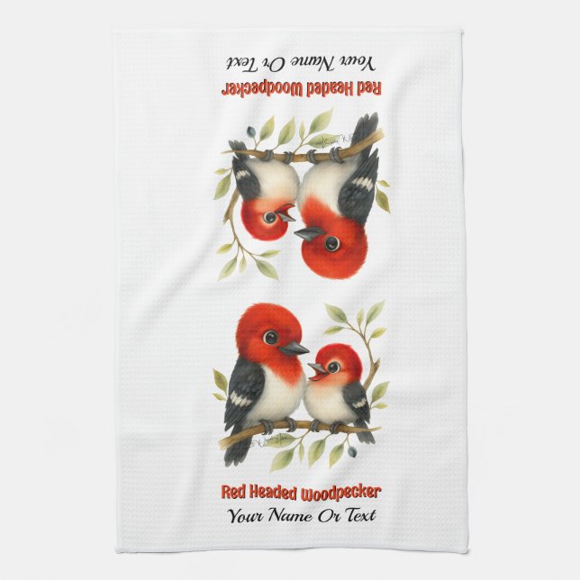Feisty Red-headed Woodpecker Kitchen Towel (Vertical)