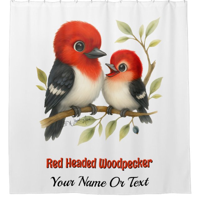 Feisty Red-headed Woodpecker Shower Curtain (Front)