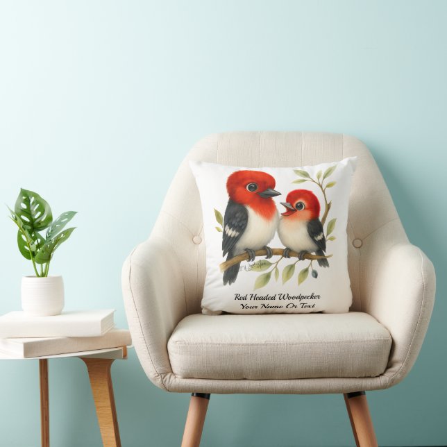 Feisty Red-headed Woodpecker Throw Pillow (Chair)