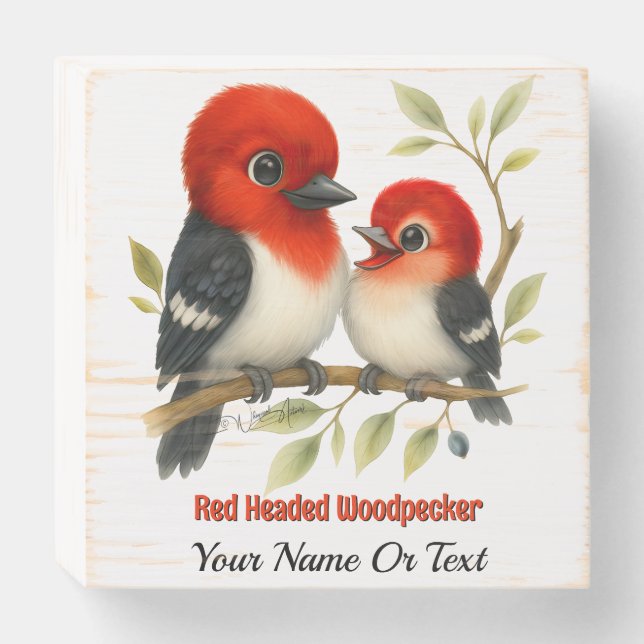 Feisty Red-headed Woodpecker Wooden Box Sign (Front Horizontal)