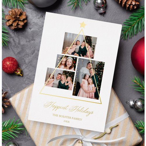Felices Fiestas Familia rbol de Navidad 4 Fotos Foil Holiday Card
