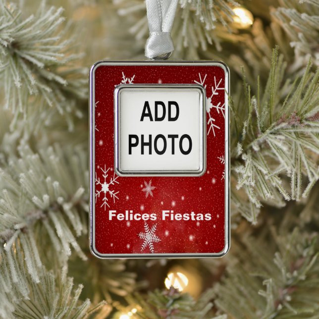 Felices Fiestas Red Snowflakes Custom Photo Metal Ornament (Tree)